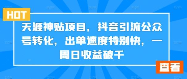 天涯神贴项目，抖音引流公众号转化，出单速度特别快，一周日收益破千-智赚网创