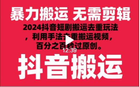 2024最新抖音搬运技术，抖音短剧视频去重，手法搬运，利用工具去重，秒过原创！-智赚网创