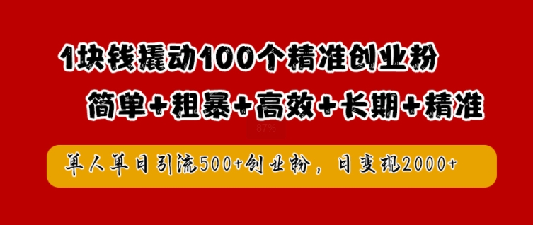 1块钱撬动100个精准创业粉，简单粗暴高效长期精准，单人单日引流500+创业粉，日变现2k【揭秘】-智赚网创