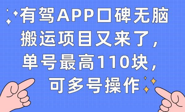有驾APP口碑无脑搬运项目又来了，单号最高110块，可多号操作-智赚网创
